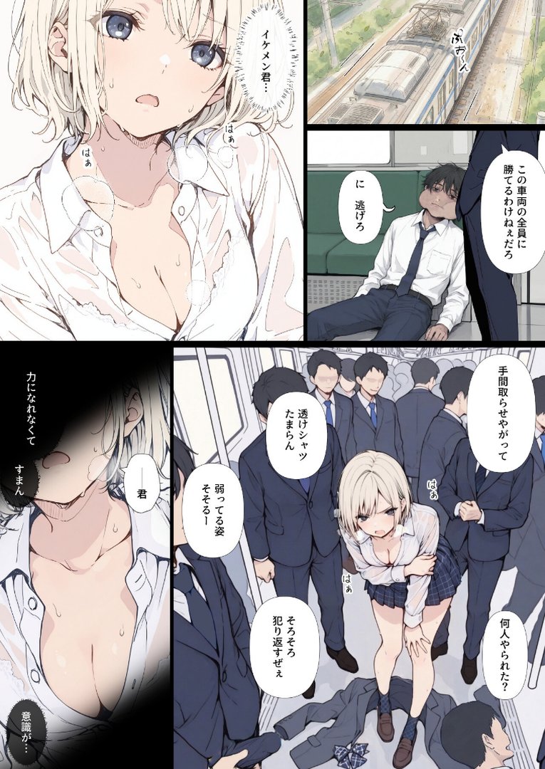 黒髪少女と金髪少女が電車で集団痴●に遭う漫画【ifストーリー】【モザイク版】｜てんでしゅがー｜エロ漫画 7ページ目
