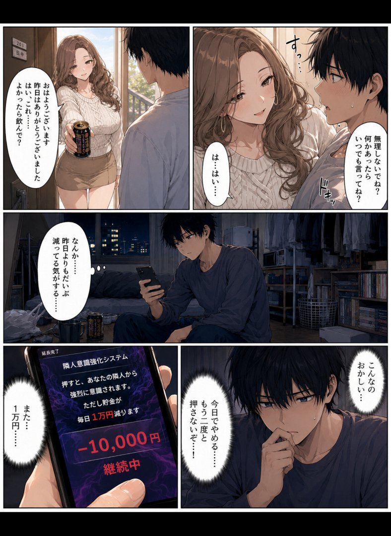 【エロ漫画】押すたび、1万円消えるボタン…その度に隣の人妻が誘惑してくる。【モザイク版】(かわいいラボ)【s886atrlw01384】 押すたび、1万円消えるボタン…その度に隣の人妻が誘惑してくる。【モザイク版】|かわいいラボ|エロ漫画 3ページ目